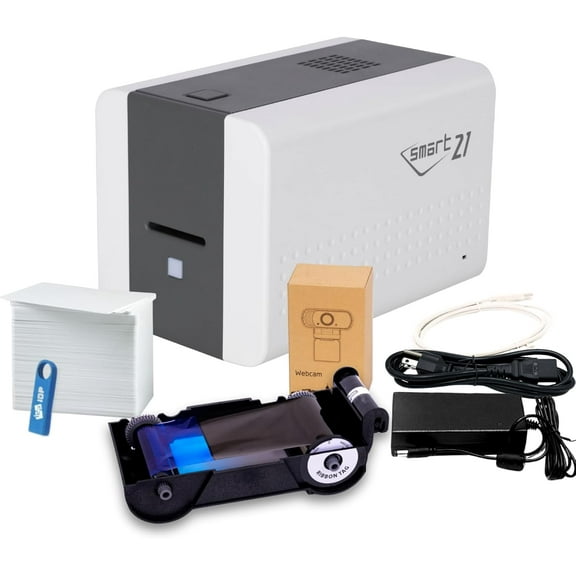IDP SMART-21SB-EZ ID Card Simplex Printer Bundle, Includes printer, YMCKO color ribbon, 100 PVC cards, PC-only software, USB Camera