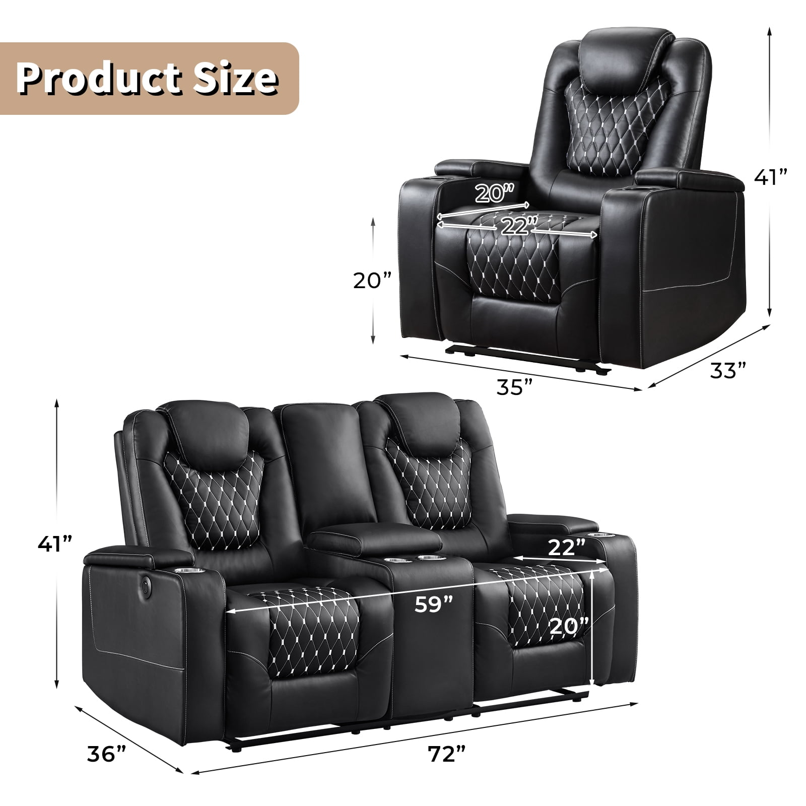 Bonzy Home Electric Power Recliner Sofa Set Theater Seating with Console Living Room Furniture Set, Cup Holders, Hidden Arm Storage, USB Ports, Black