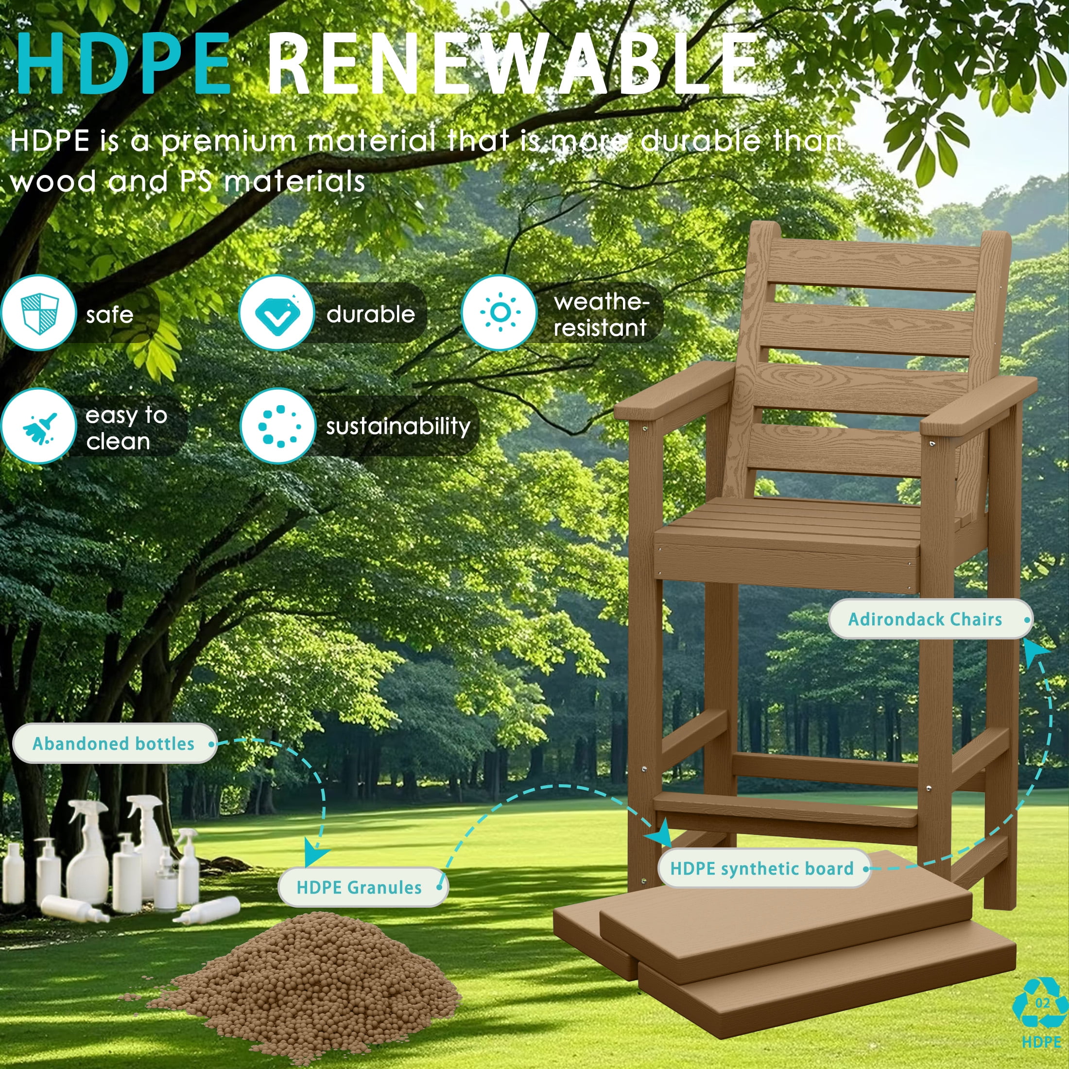 AreShark HDPE Tall Adirondack Chair Set with Removable Double Trays (Set of 2) Brown