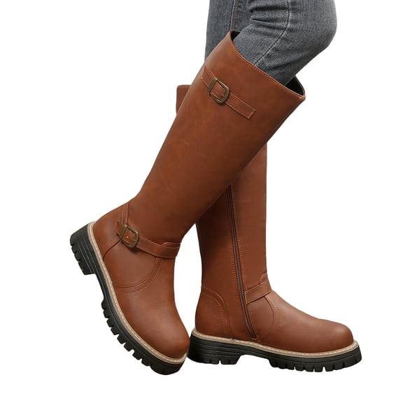 Women's Leather Knee High Boots Platform Wide Calf Riding Booties Wide Toe Box Non Slip Long Fall Boots with Side Zipper Brown Size 9
