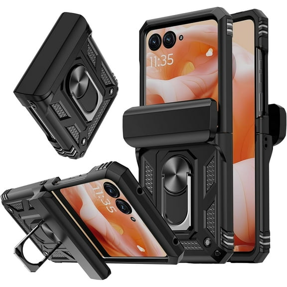 for Motorola Razr-2024 Case [𝗡𝗼𝘁 𝗙𝗶𝘁 𝗣𝗹𝘂𝘀 𝟮𝟬𝟮𝟰]: with Slide Camera Cover, Dual Layer Heavy Duty Shockproof Protective Flip Phone Case Cover with Magnetic Stand Moto Razr 2024, Black