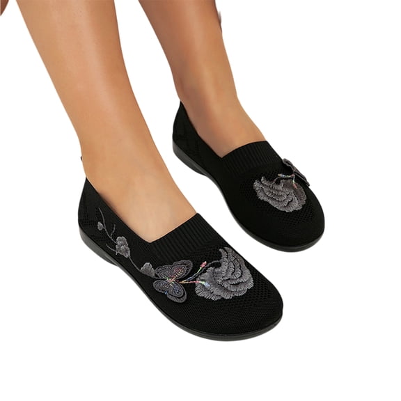 NexTorq Walking Shoes Women, Mesh Flats, Women Sneakers, Womens Breathable Knit Slip-on Walking Shoes Embroidered Slip on Sneakers Lightweight Comfortable Orthopedics Walking Shoe, Black, 36