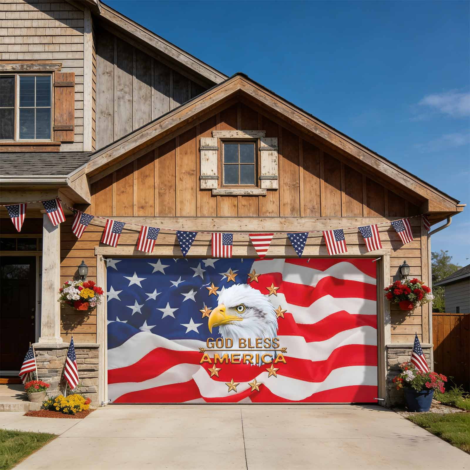 Eagle 4th of July Garage Door Cover Banner 7 x 16 FT, Independence Day Stars Flag Garage Door Curtains Backdrop with Grommets for Indoor Outdoor Wall Party Porch Yard Decorations Background
