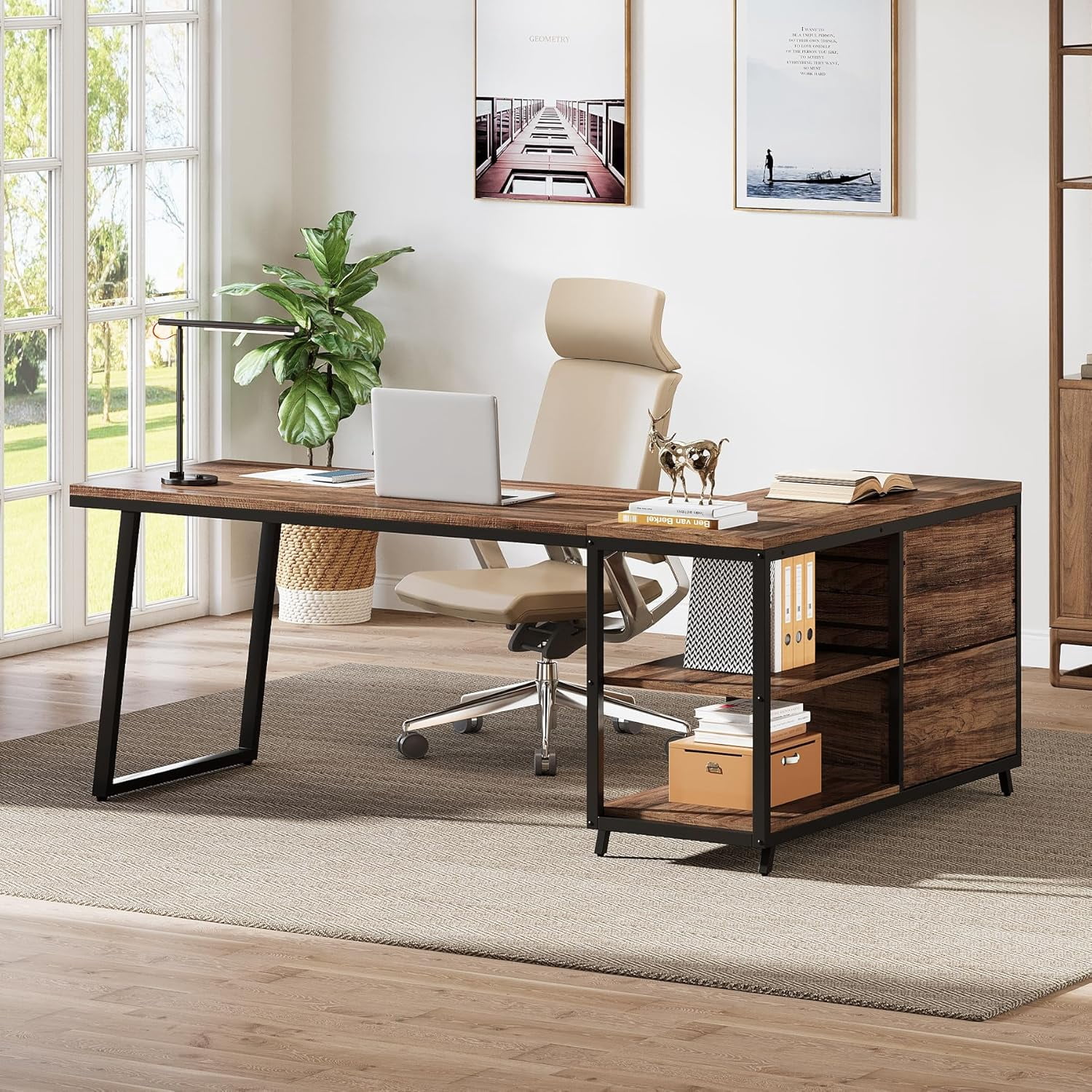 Tribesigns 53" L Shaped Office Desk, Reversible Corner Computer Desk with 3 File Drawers and 2 Storage Shelves for Home Office, Study, Gaming Room (Brown)