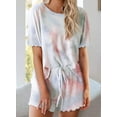 thumbnail image 3 of Conjunto de pijama de 2 piezas con estampado tie dye y volantes cortos para mujer, top de manga corta y pantalones cortos, ropa de dormir, 3 of 4