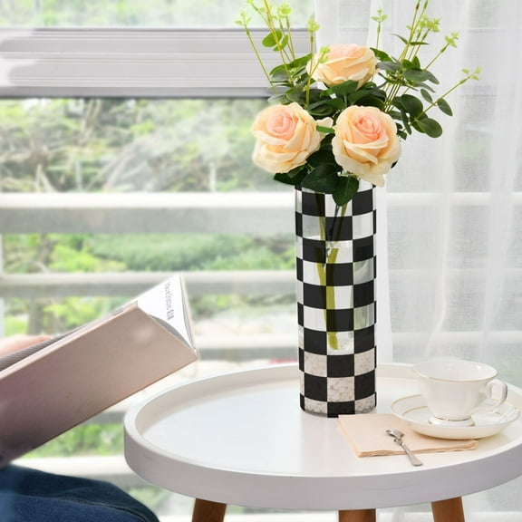 Plastic Vase 11.8"×3.9" Translucent Cylinder Vase Durable Flower Vase Storage Bottle for Modern Home Wedding Decor Black and White Check