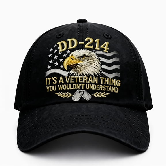 DD-214 Veteran Hat – Military Discharge Document Baseball Cap with Embroidered Flag & Dog Tags, Adjustable Washed Cotton Cap for Veterans & Military Supporters, Unisex Fit
