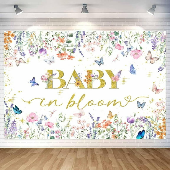 Baby in Bloom Baby Shower Decorations Photo Backdrop Photography Background Watercolor Butterfly Wildflower Backdrops Photo Booth Prop Banner