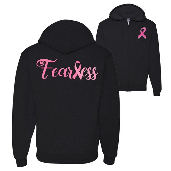 Wild Bobby, Fearless Pink Ribbon Support Warrior Women, Breast Cancer Awareness, Front and Back Graphic Zip Up Hoodie Sweatshirt, Black, Small