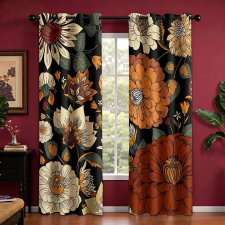 Arenarug Black Boho Floral Grommet Blackout Curtains,Thermal Insulated Vintage Botanical Window Panels for Bedroom,2 Panels 52"x84"