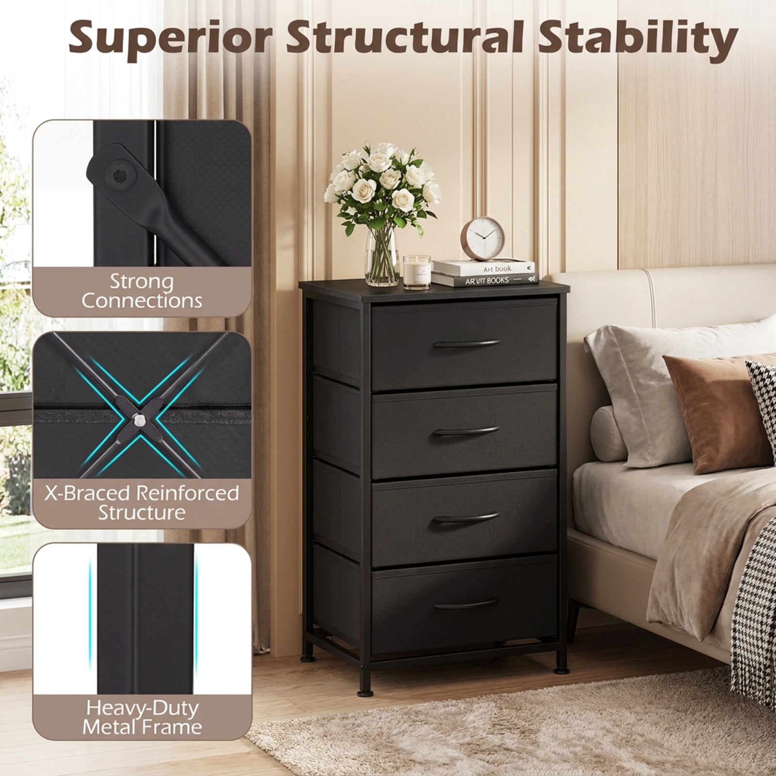 Furnibear 34 Inch Tall Black Nightstand with Integrated Charging Station and 4 Fabric Drawers