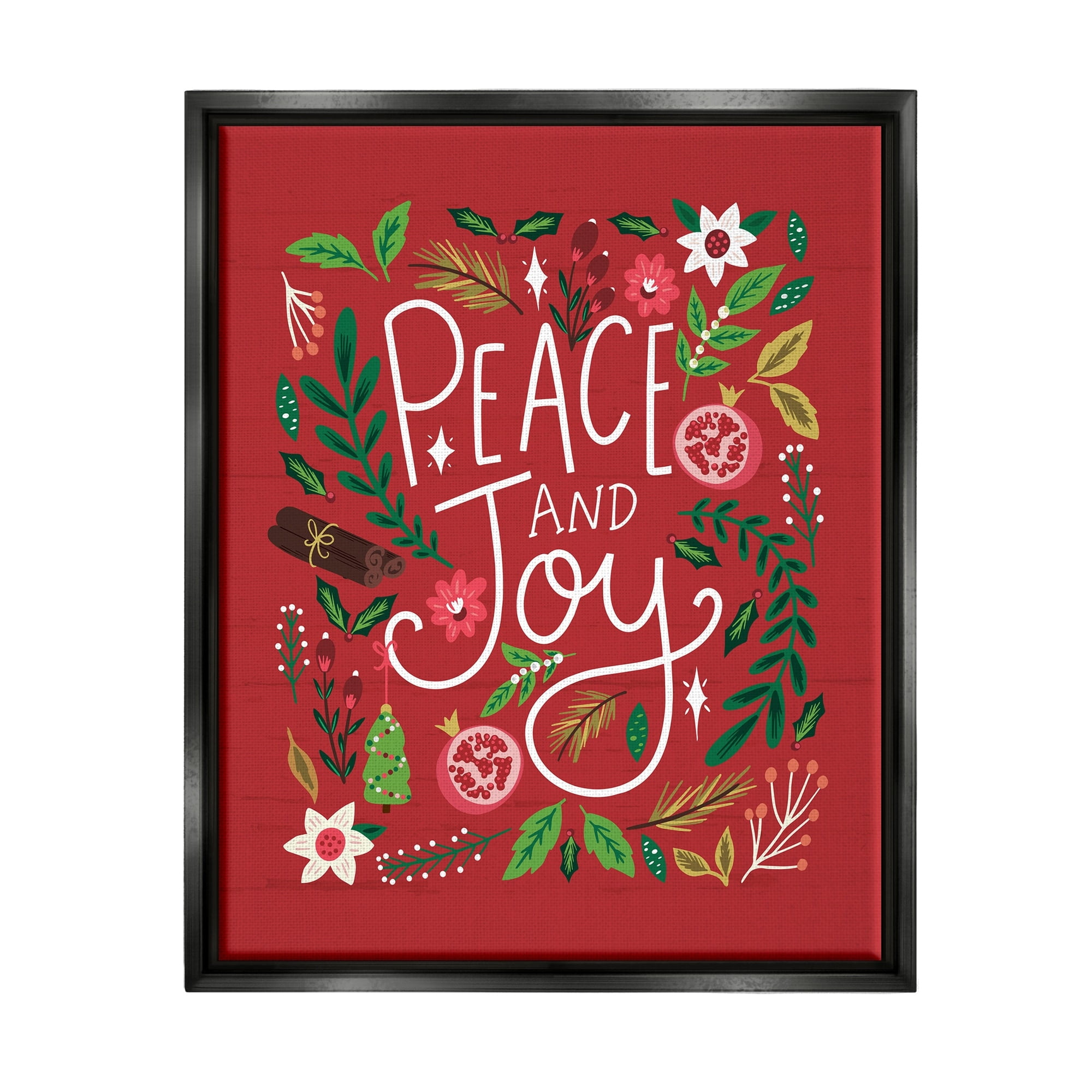 Stupell Industries Peace & Joy Holiday Botanicals Plants Modern Calligraphy Graphic Art Metallic Gold Floating Framed Canvas Print Wall Art, Design by Louise Allen