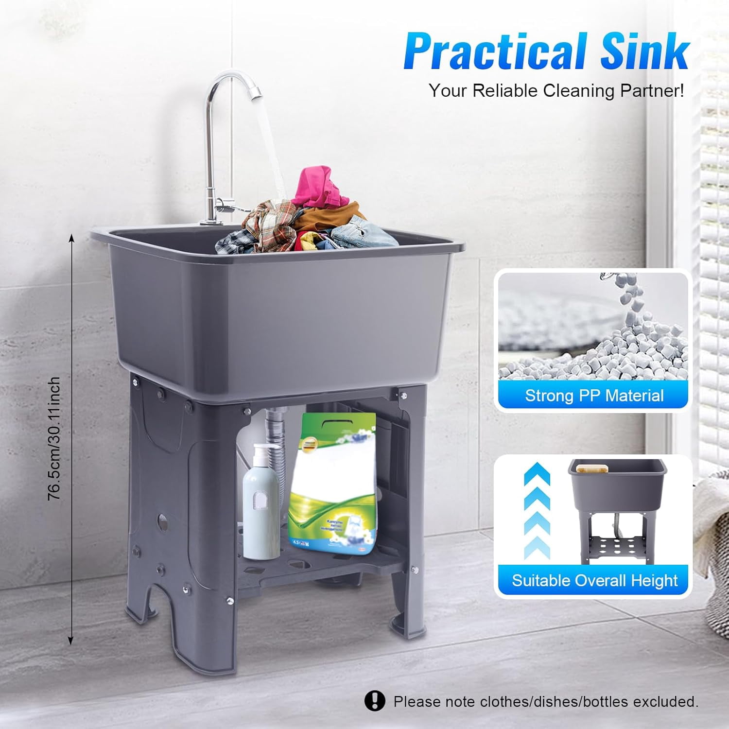 Laundry Sink Freestanding Plastic Utility Sink W/Storage Shelf Faucet Drain Kit For Laundry Room, Bathroom, Farmhouse