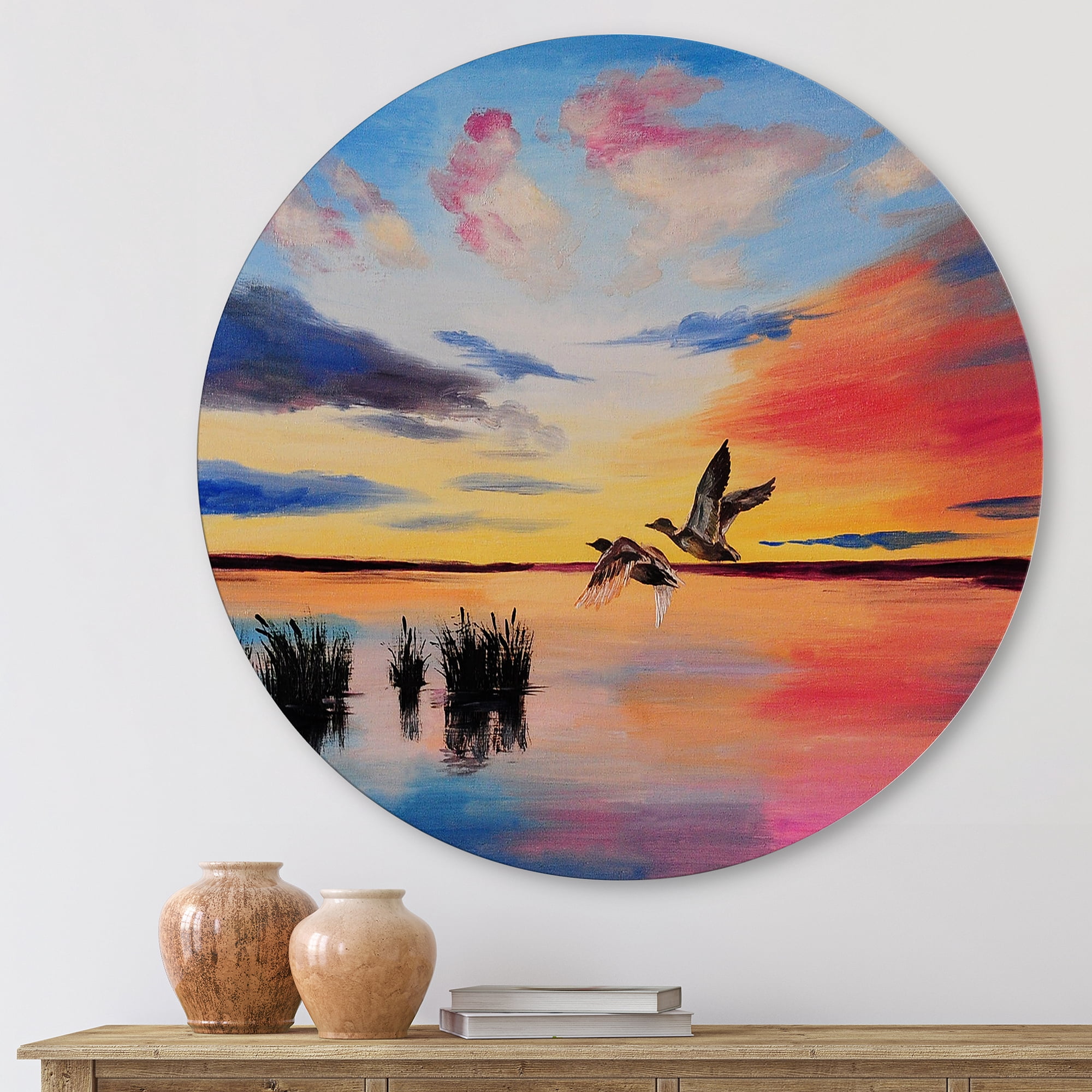 Designart 'Crane Birds Flying During Colorful Sunset' Nautical & Coastal Circle Metal Wall Art 23x23 - Disc of 23
