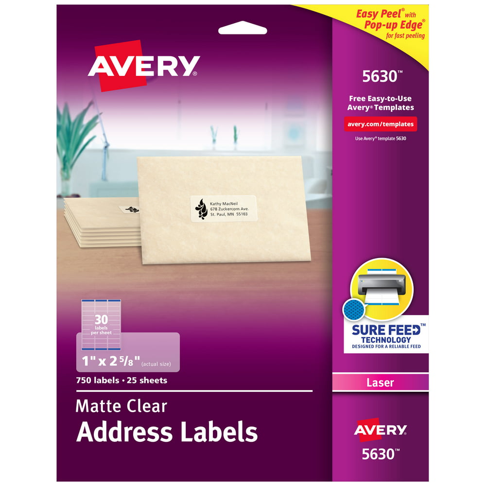 Avery Address Labels, Sure Feed, 1" x 25/8", 750 Clear Labels (5630