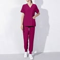 thumbnail image 2 of Jinhomg Womens Nursing Uniform Set Casual Loose Short Sleeve V-Neck Scrub Tops and Jogger Pants with Pockets 2 Piece Plain Solid Medical Workwear Purple L, 2 of 7