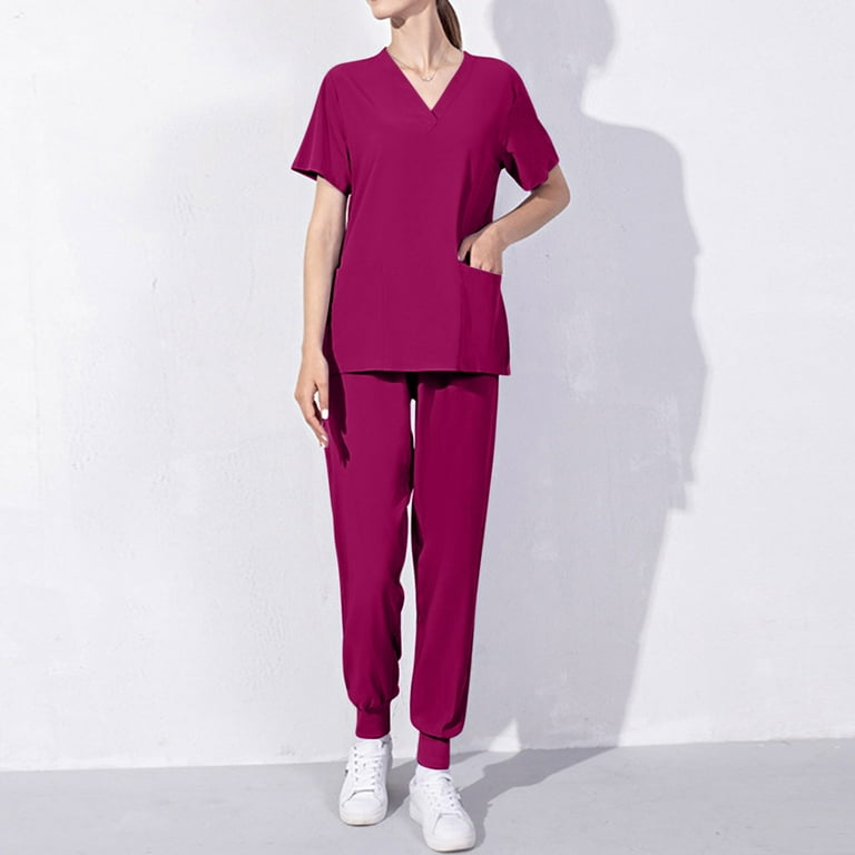 Scrub Uniforms for Women Set Solid Short Sleeve Tops and Jogger