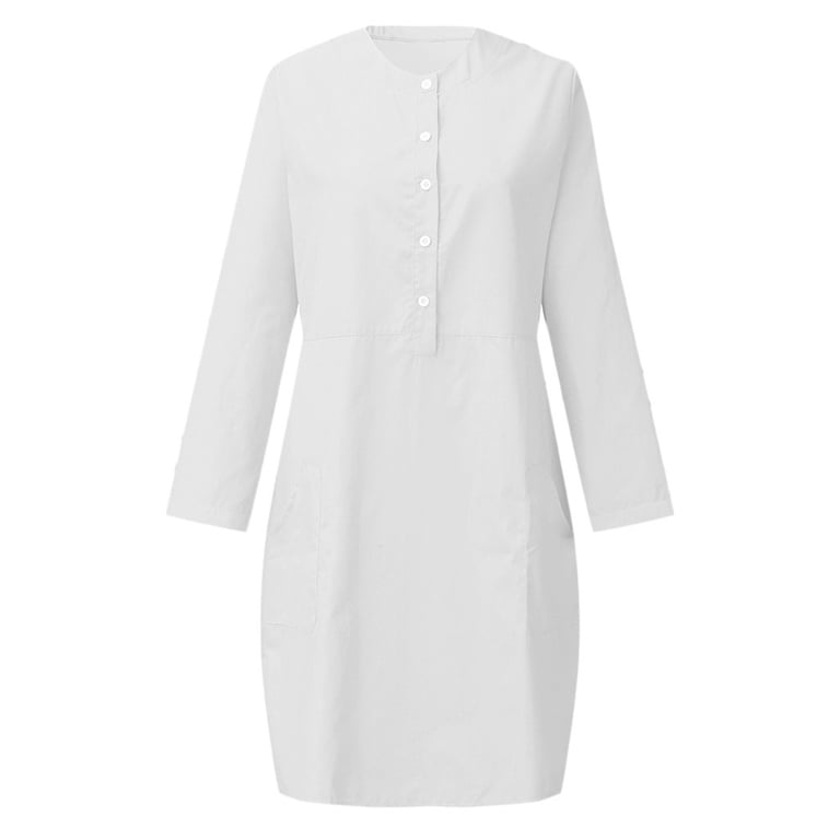 Mrat Shirt Dresses Women Fashion Round-Neck Pockets Button Dress Solid Long  Sleeve Dress Short Dresses for Graduation S-13 White 5XL - Walmart.com