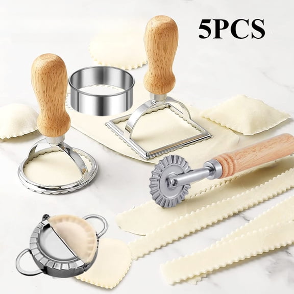 Ravioli Pasta Cutter Wheel Set of 5, Ravioli Makers with Roller Ravioli Stamp Cutter Set with Wooden Handle, Pasta Press Wheel Pasta Maker Tools For Pasta Making Dumplings, Pierogi (Silver)