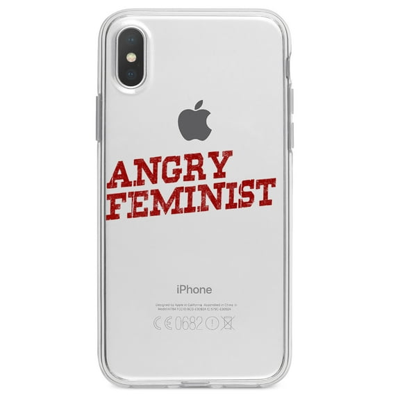 DistinctInk Clear Shockproof Hybrid Case for iPhone XS Max (6.5" Screen) - TPU Bumper Acrylic Back Tempered Glass Screen Protector - Angry Feminist