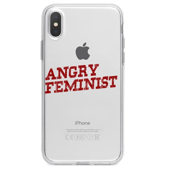 DistinctInk Clear Shockproof Hybrid Case for iPhone XS Max (6.5" Screen) - TPU Bumper Acrylic Back Tempered Glass Screen Protector - Angry Feminist