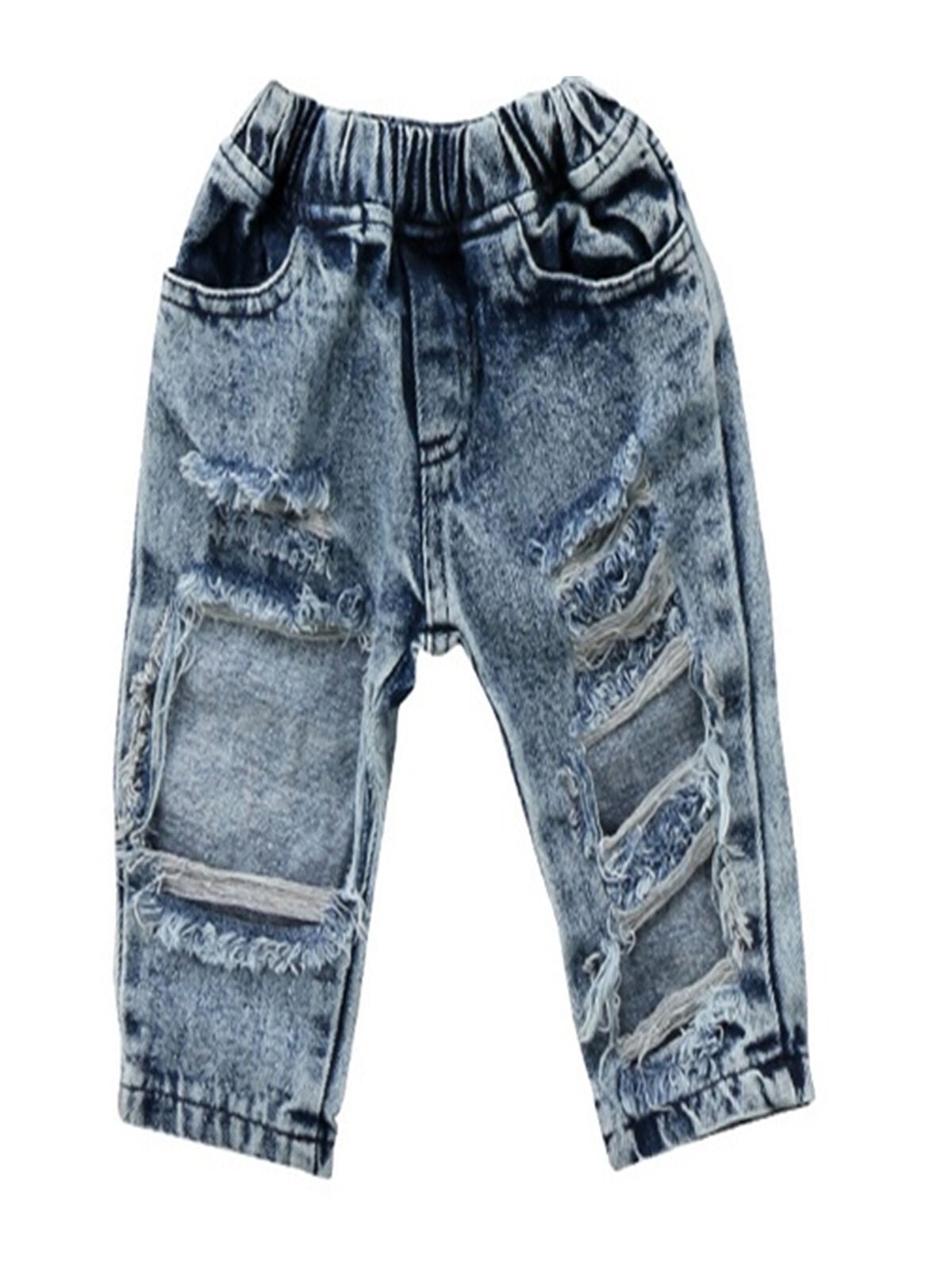 MANGCHI-Kids Little Boys/Girls Broken Holes Elastic Waist Ripped Denim Jeans Destroyed Kids Basic Pants 