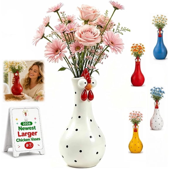 Chicken Vase for Flowers, Cheeky Chook Vase, 7.87 Inch Long Neck Chicken Vase, Colorful Resin Rooster Decor(White)