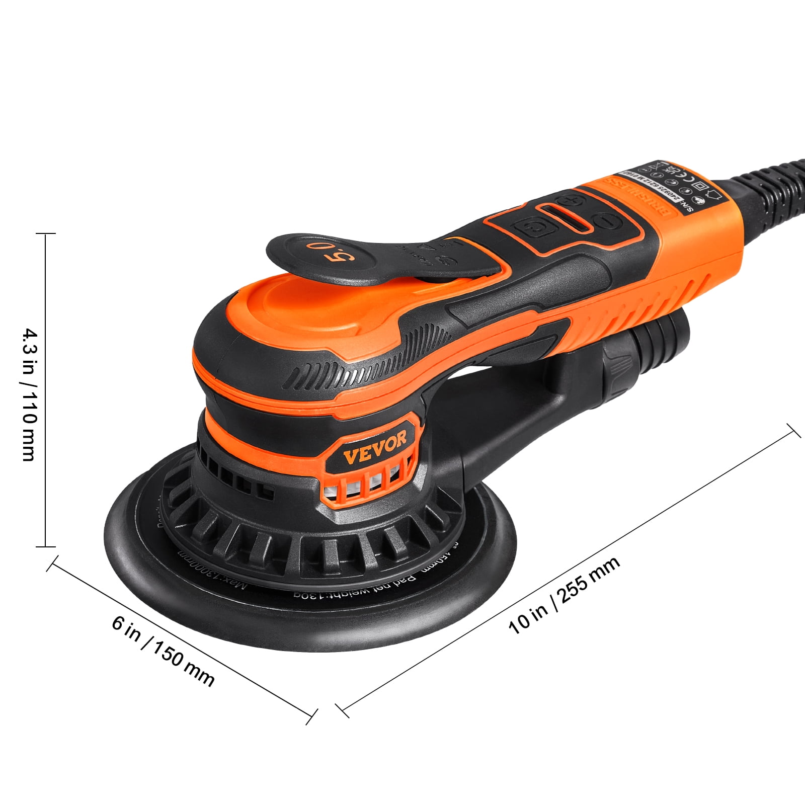 VEVOR Random Orbital Sander 5 & 6-Inch, 350W Brushless Orbital Sander, 10,000 PRM 6 Variable Speed Electric Palm Sander with 20PCS Sandpapers, Dust Connector & Hose for Woodworking Detailing Sanding