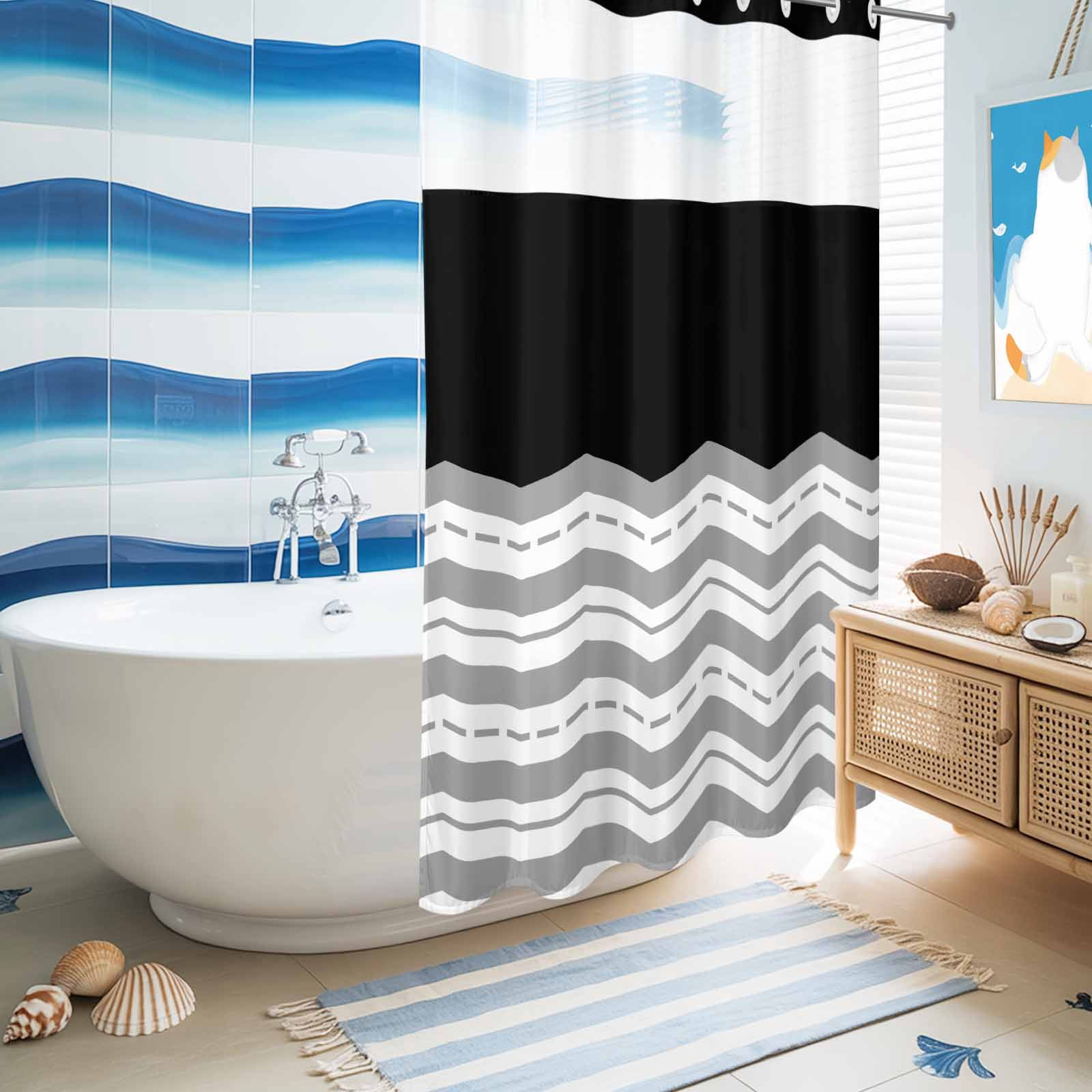 No Hook Shower Curtain Grey Waves Shower Curtain for Bathroom Black Chevron Stripe Bath Curtains Waterproof Fabric with See Through Top Window for Spa Hotel 36x72 Inch