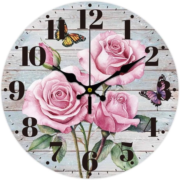 Reloj de pared redondo decorativo de 30 cm con diseño de rosas y mariposas, funciona con pilas, silencioso y sin tictac.