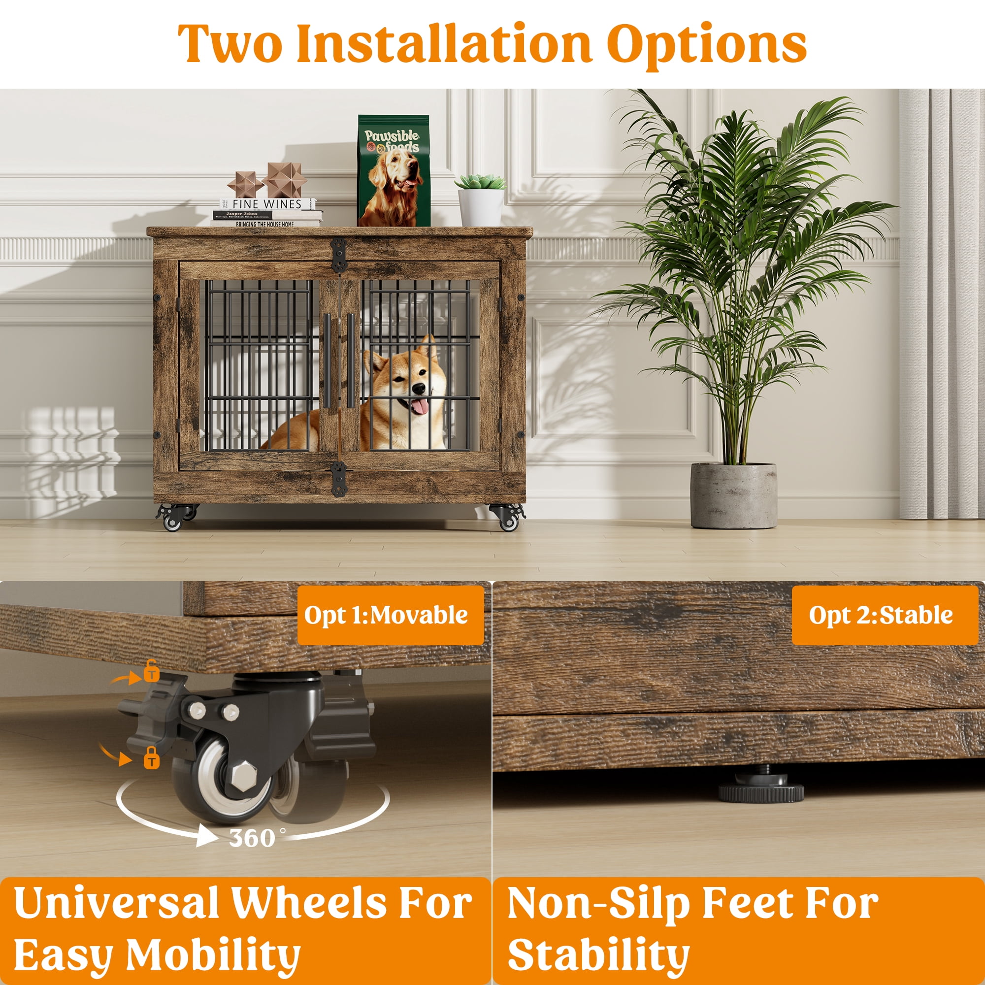 GIKPAL 32-Inch Dog Crate Furniture with Padded, 2-Door Wooden Wheels, Indoor Dogs Kennel for Small to Medium
