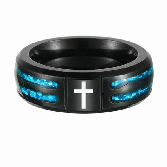 PAMTIER Unisex Stainless Steel Personality Hip Hop 8MM Inlay Blue Imitation Opal Cross Signet Amulet Crucifix Ring Beveled Edges Black Size 11