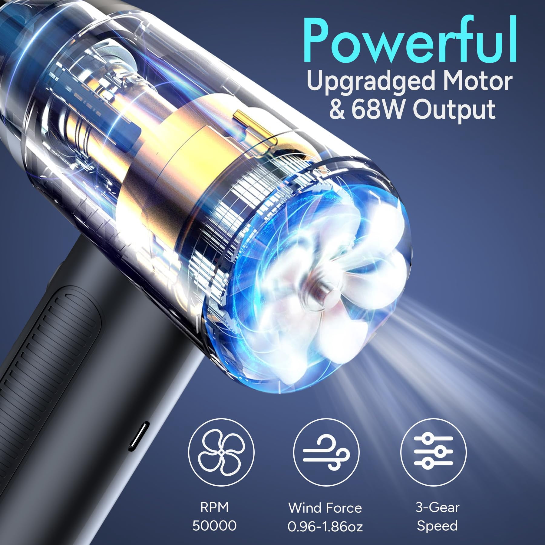 Compressed Air Duster, Mini 3-Gear Dust Blower for Office & Home Cordless Car Dusters Kit - 50000 RPM 6000mAh Rechargeable with LED Light Display