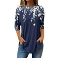 thumbnail image 2 of 3/4 Length Sleeve Womens Tops 2025 Spring Neck Casual Print Tunic T Shirts Three Quarter Length Womens Tops Dark Blue 3XL, 2 of 5