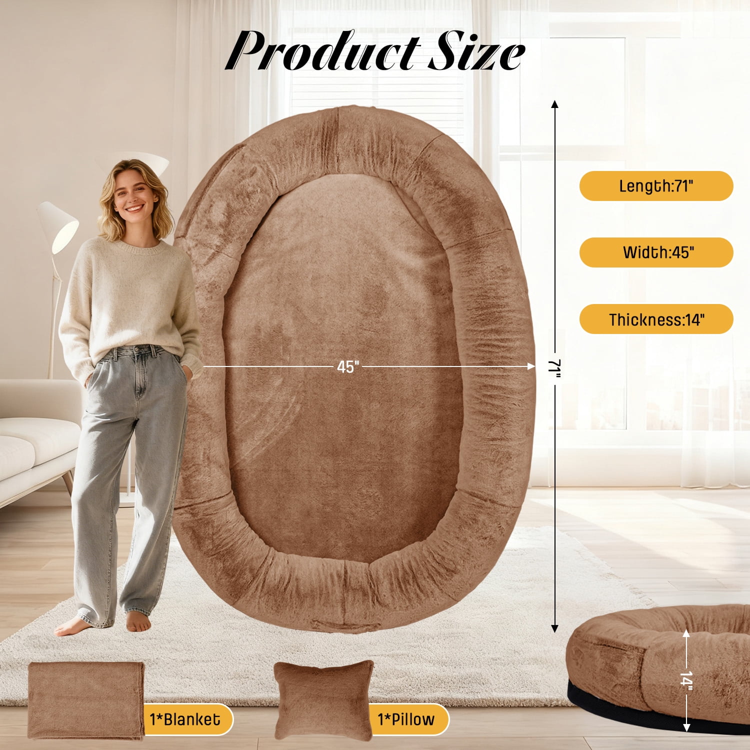 Hidpriva Human Dog Bed for Adults, 71" Extra Large Human-Sized Dog Bed, Washable Faux Fur with Blanket and Pillow,Dark Brown