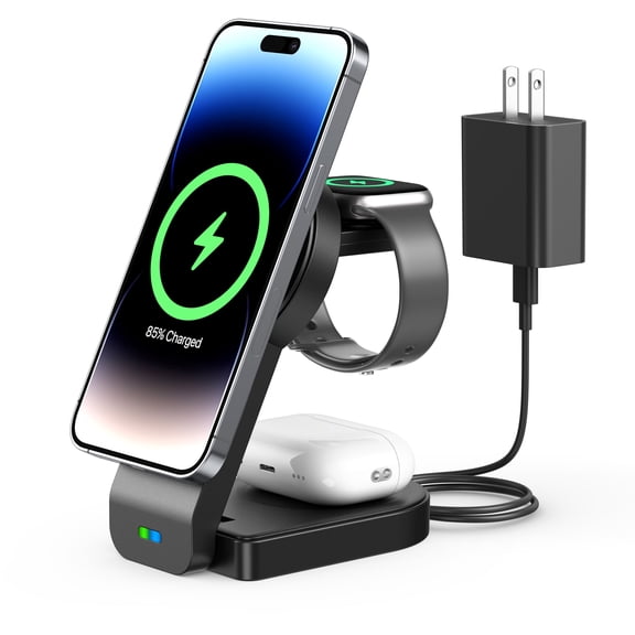 Magnetic Foldable 3 in 1 Wireless Charging Station For Apple MagSafe Charger ,15W Fast wireless Charger Stand for iPhone 14 13 12 Series Apple Watch AirPods Multiple Devices, Adjustable Angle