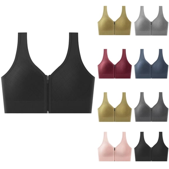 Feancey Zip Front Sports Bras for Women Wide Strap Casual Workout Yoga Bra Full Coverage Smoothing Underwire Bralettes Seamless Everyday Brassiere Black Free Size