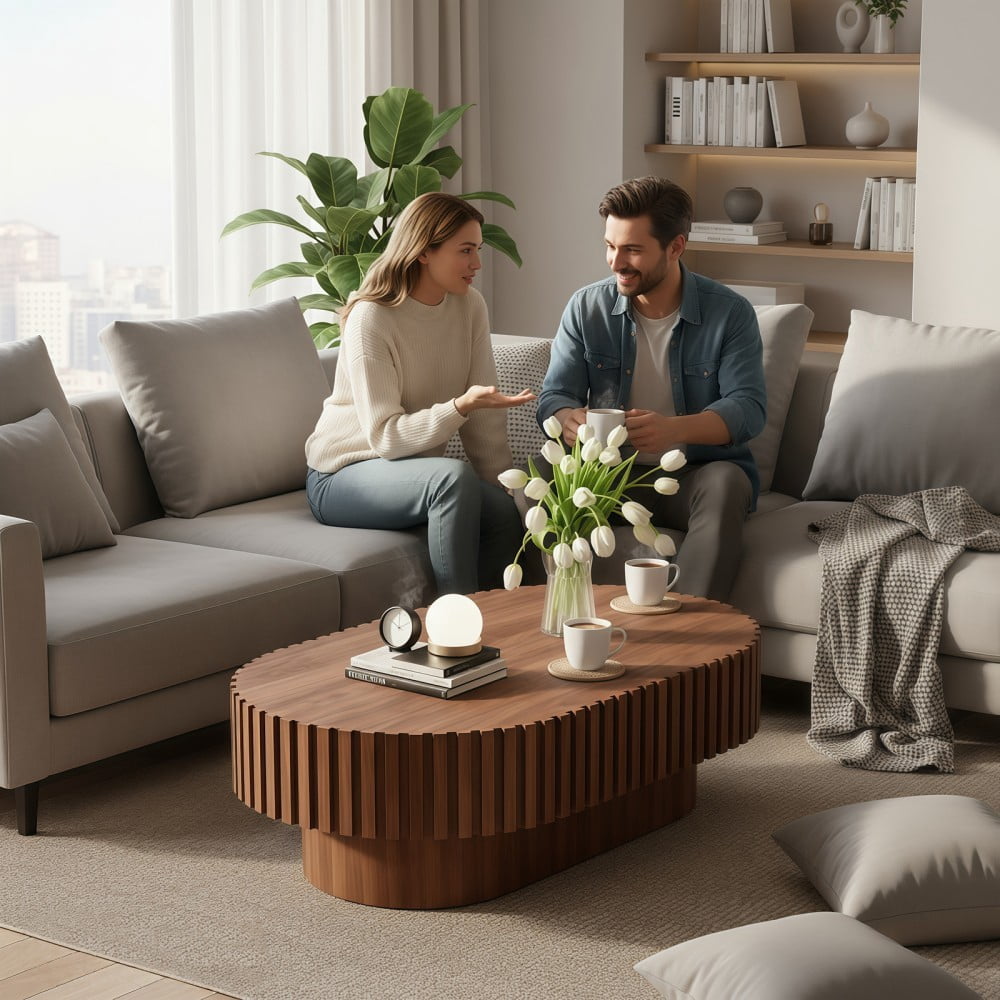 Oval Coffee Table, Mid Century Modern Fluted Coffee Table with Pedestal, Walnut Wood Center Table for Living Room, Apartment, Office, Small Space