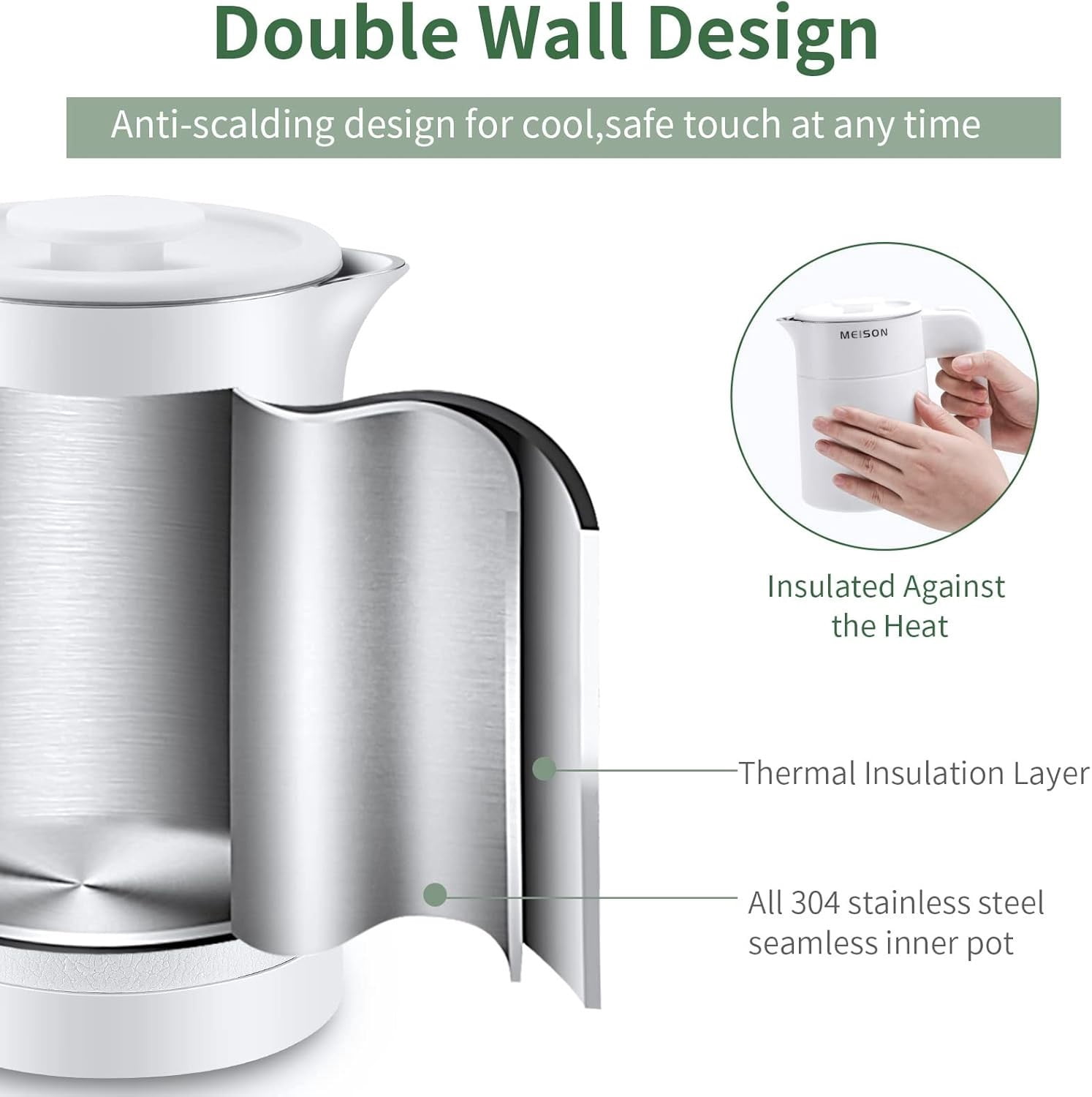 Compact 0.6L Stainless Steel Electric Kettle - Double Wall & Boil-Dry Protection