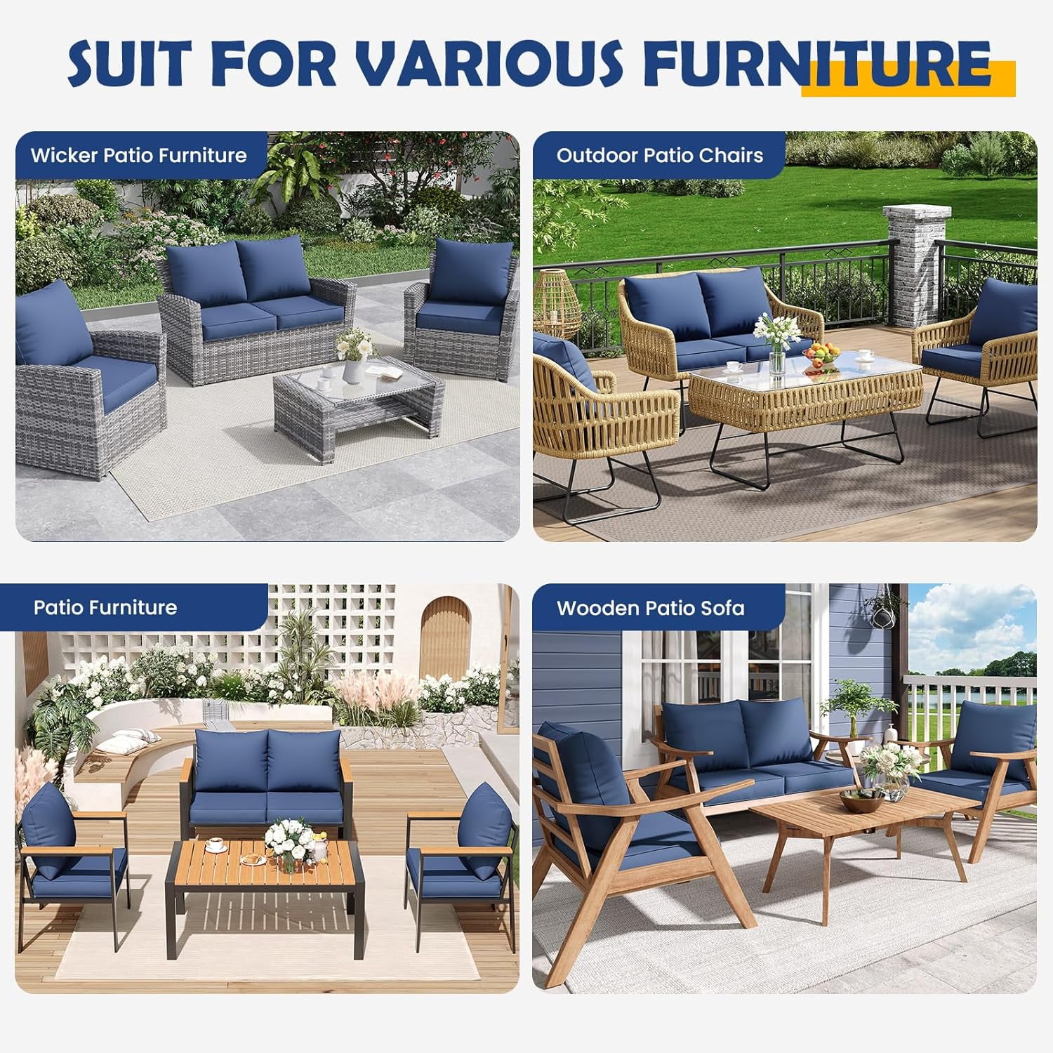 MRUAKA Outdoor Cushions for Patio Furniture, 4'' Replacement Cushions for Outdoor Furniture, Set of 4 Water-Resistant Outdoor Sectional Cushions for Sofa Couch Chair (Navy)