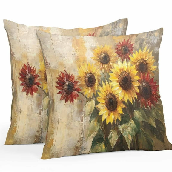 Waterproof Throw Pillow Covers Set of 2, 20x20 Inch Sunflowers Decorative Pillowcases Outdoor Pillow Slip Cushion Covers Set for Couch Tent Abstract Oil Painting Red Yellow Floral Plant