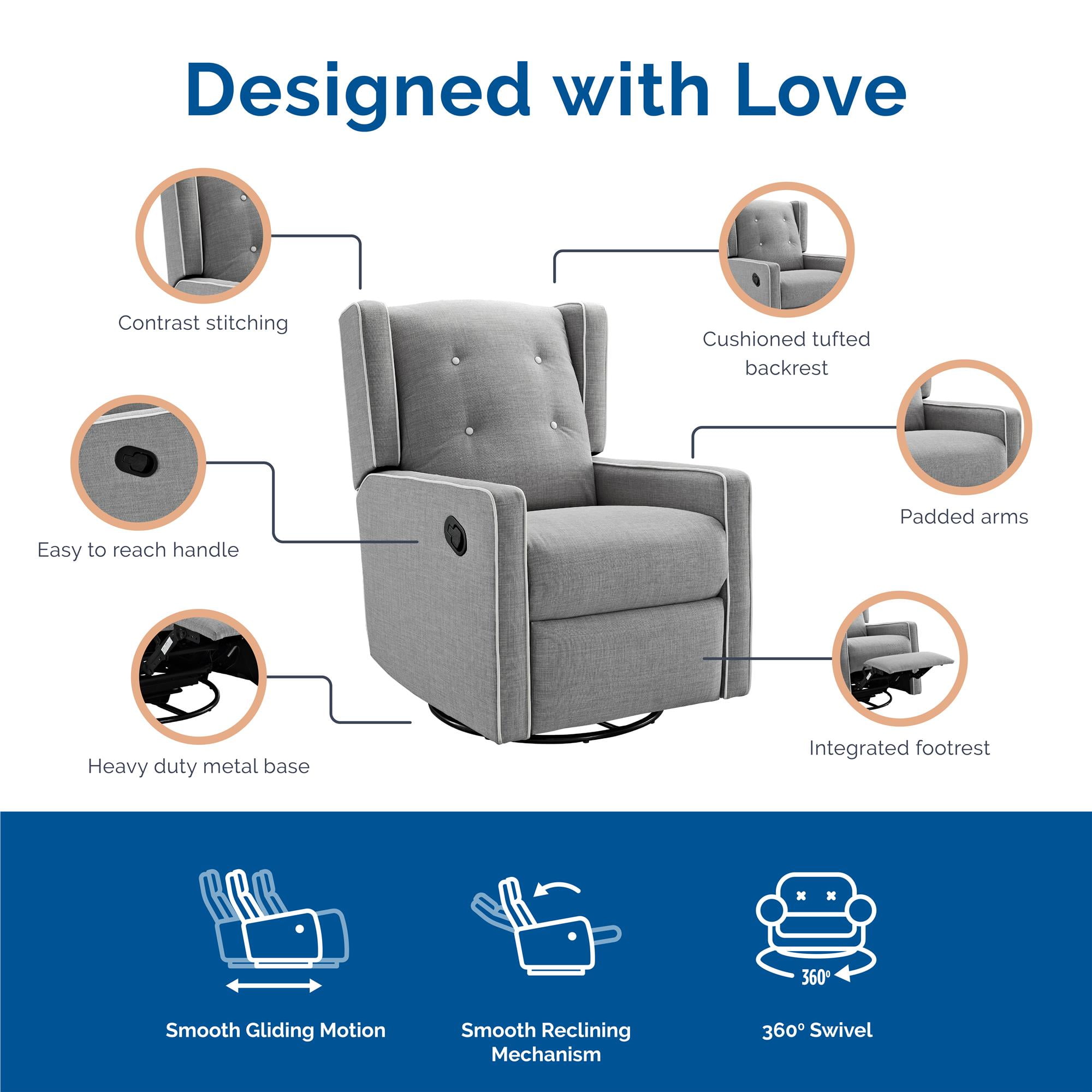 Baby Relax Mikayla 4-in-1 Nursery Swivel Glider Rocker Recliner, Gray Linen