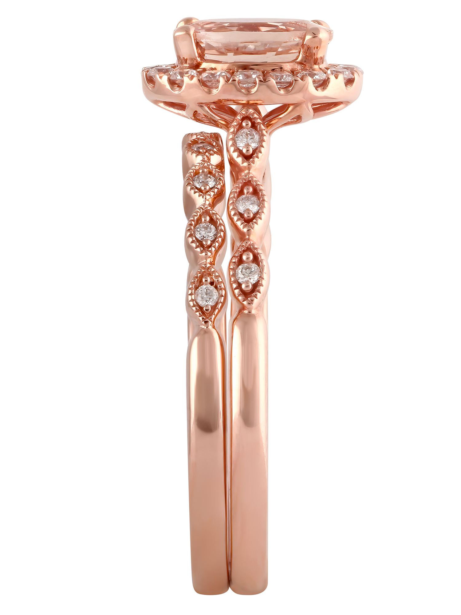 1/4 Carat T.W. (I2 clarity, H-I color) Brilliance Fine Jewelry Oval cut Morganite and Diamond Bridal set in 10kt Pink Gold, Size 9