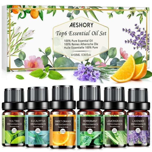 Aeshory 10ML Essential Oil Set, Tea Tree, Lavender, Eucalyptus, Peppermint, Orange, Lemongrass, 6 Count
