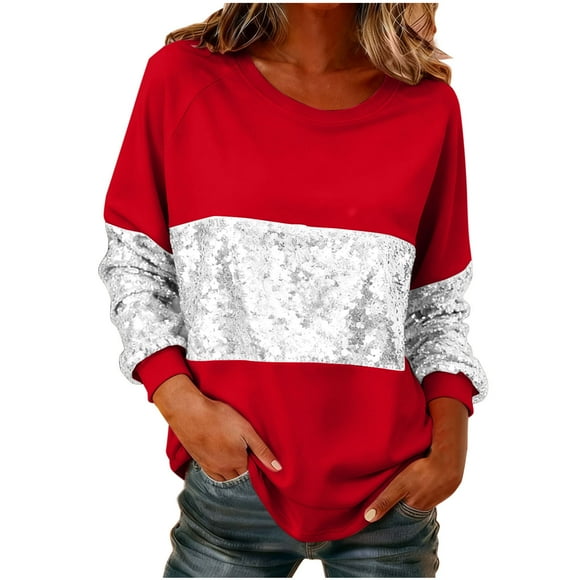 HongQid Women's Sequin Tops Sparkle Long Sleeve Blouses Shimmer Glitter Raglan Crewneck Loose Fit Shirts
