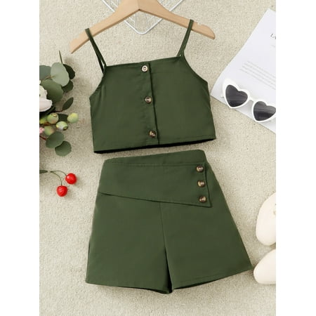 

Sleeveless Girls Button Front Cami Tops T Shirt Shorts S221904X Army Green 120(5-6Y)