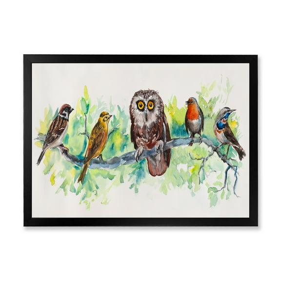 Designart 'Bird Friends With Owl On A Branch' Traditional Framed Art Print