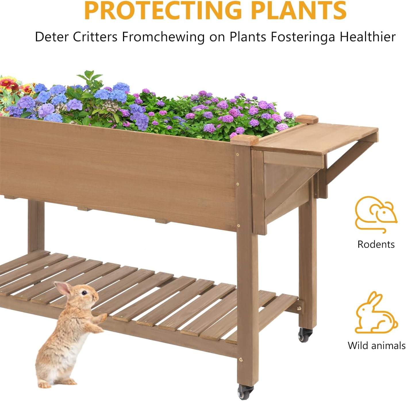 PETSCOSSET Raised Garden Bed with Wheels, Mobile Wood Elevated Planter Box with Storage Shelf, Liner, Easy Assembly, Brown, 55.5x24x32in