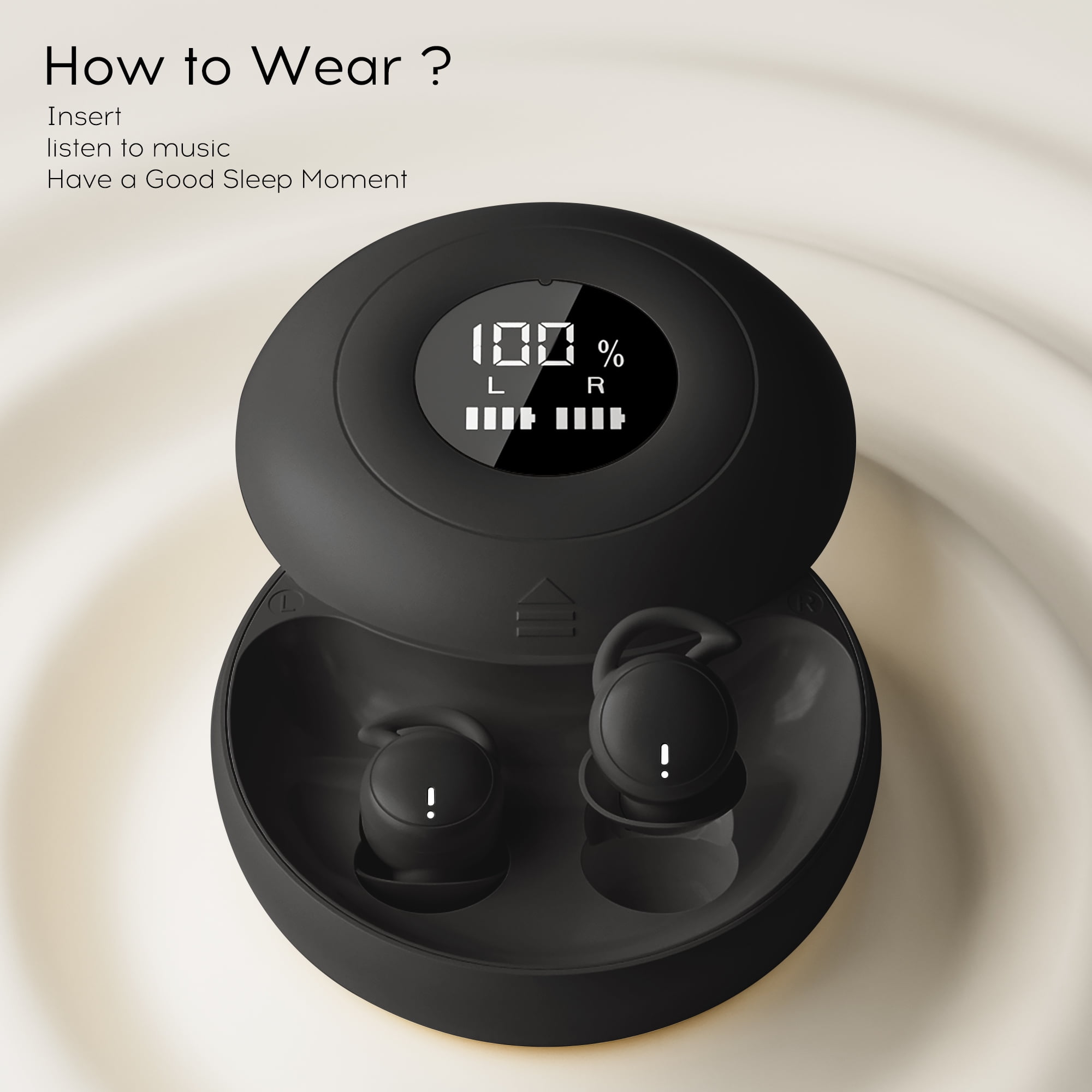 sunvito Sleep Earbuds, Mini Sleep Earbuds for Side Sleepers, 30H Playtime Wireless Headphones with LED Earphones for Small Ears Sleeping Working, Exercise,Hiking,Black