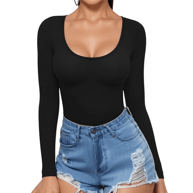 T-shirt Tunique pour Femmes à Encolure Dégagée, Manches Longues, Coupe Ajustée, Noir, P